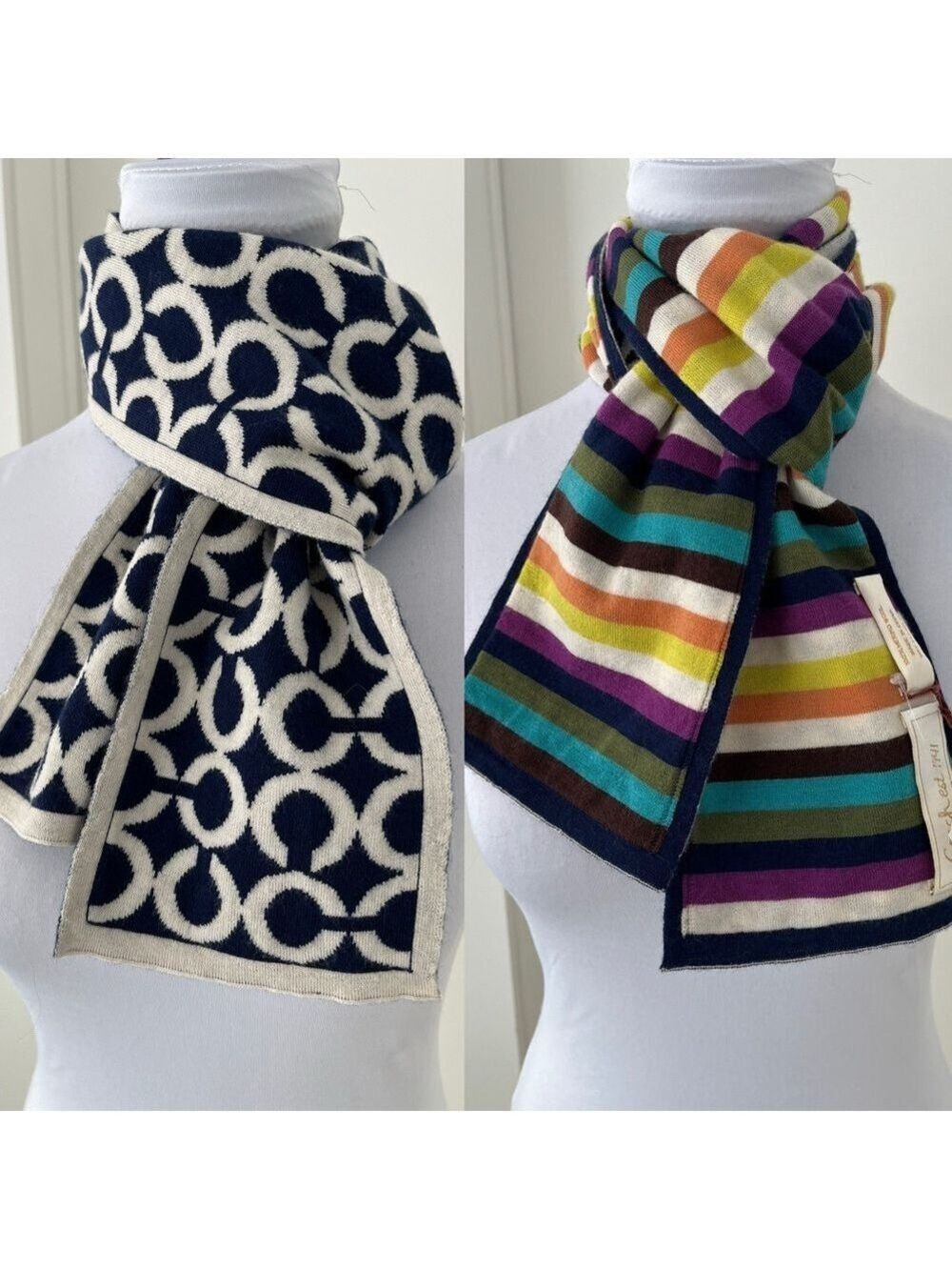 COACH Reversible 100% Merino Wool Skinny Oblong Scarf Designer Logo Stripes Chic